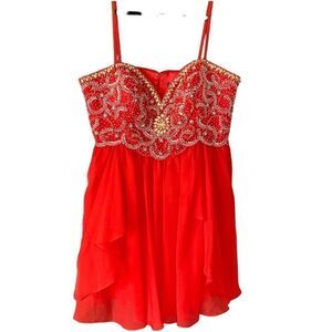 Dave & Jonny Formal Red Mini Dress Prom Dress spaghetti strap sleeveless beaded